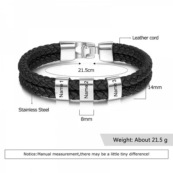 Bracelet de perles de noms de famille personnalisés pour hommes, bracelets gravés personnalisés, cuir noir, acier inoxydable, ca|15,07 €|OKKO MODE