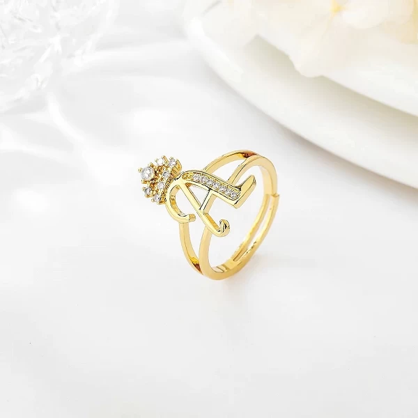 Bague lettre ouverte sur couronne pour femme, micro pavé, contre-indiqué, bijoux en cuivre, Bague en or réglables, cadeaux d'ann|4,39 €|OKKO MODE