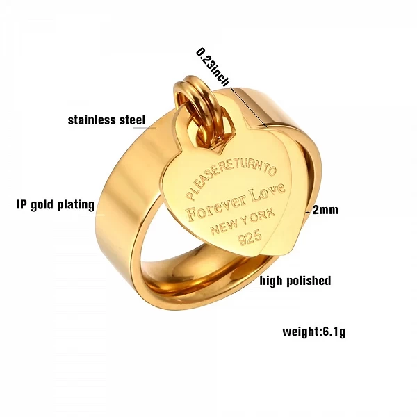 Bague de Mariage en Acier Inoxydable avec Grand Cœur Gravée, Breloque en Or Rose, pour Amoureux|5,04 €|OKKO MODE