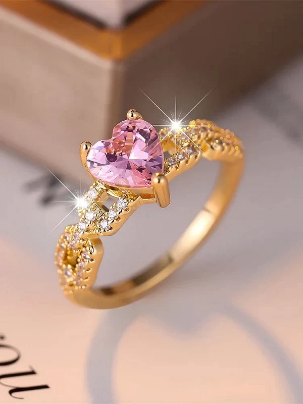 Bague élégante en cristal rose avec pierre de cœur pour femme, romantique fiançailles dorées|2,97 €|OKKO MODE