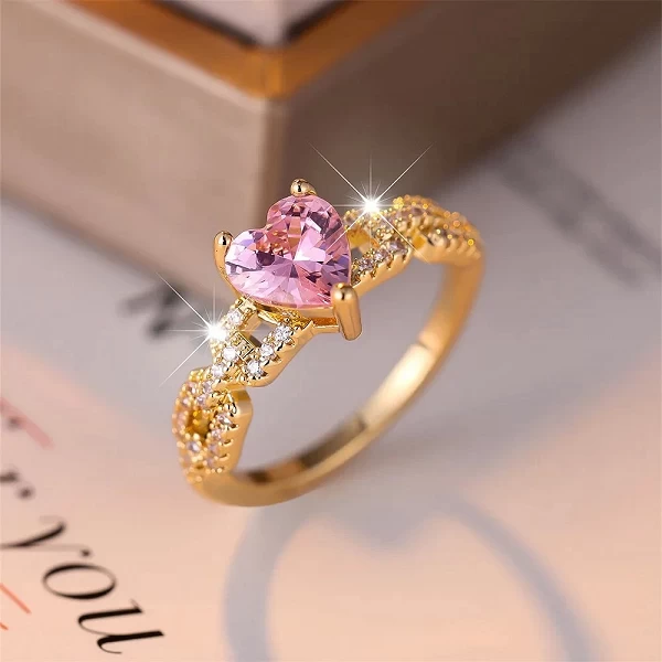 Bague élégante en cristal rose avec pierre de cœur pour femme, romantique fiançailles dorées|2,97 €|OKKO MODE