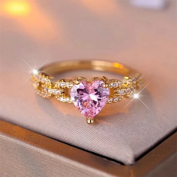 Bague élégante en cristal rose avec pierre de cœur pour femme, romantique fiançailles dorées|2,97 €|OKKO MODE