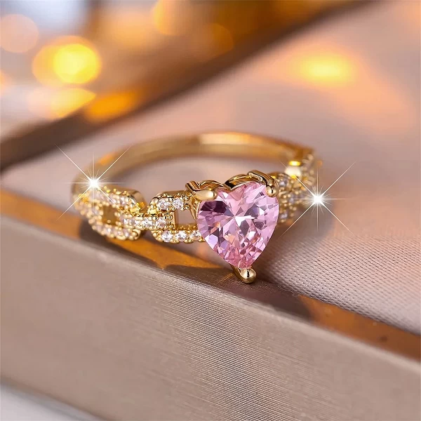 Bague élégante en cristal rose avec pierre de cœur pour femme, romantique fiançailles dorées|2,97 €|OKKO MODE