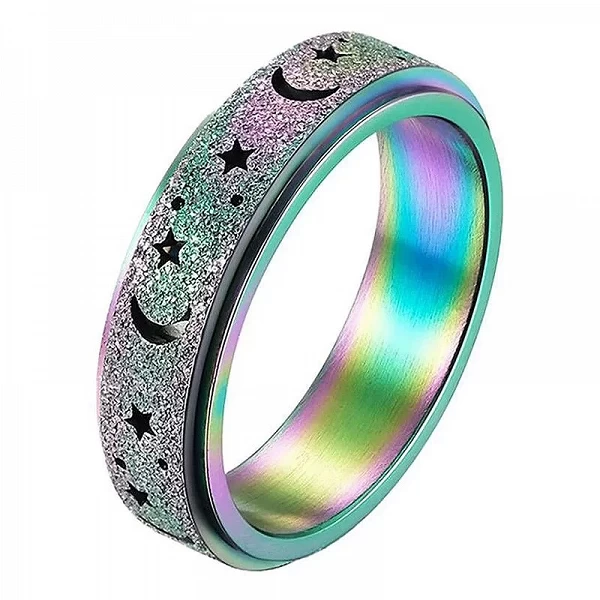 Bague Anti-anlande en Acier Inoxydable, Anneau Rotatif, Design ChimMoon et Étoile, Multi Couleurs à Choisir, 1 Pièce|3,04 €|OKKO MODE