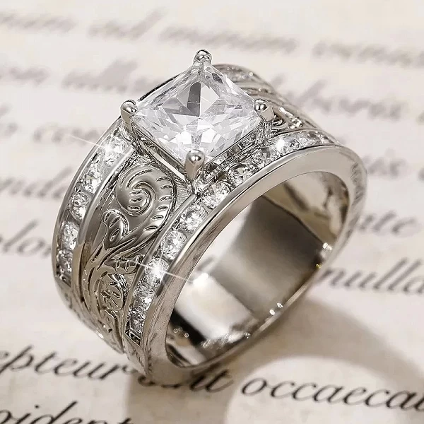 Bague de mariage carrée princesse de luxe pour femme, bijoux faits à la main créatifs, motif sculpté, zircone|2,96 €|OKKO MODE