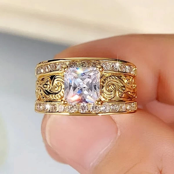 Bague de mariage carrée princesse de luxe pour femme, bijoux faits à la main créatifs, motif sculpté, zircone|2,96 €|OKKO MODE