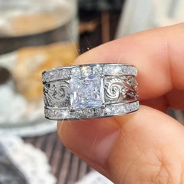 Bague de mariage carrée princesse de luxe pour femme, bijoux faits à la main créatifs, motif sculpté, zircone|2,96 €|OKKO MODE