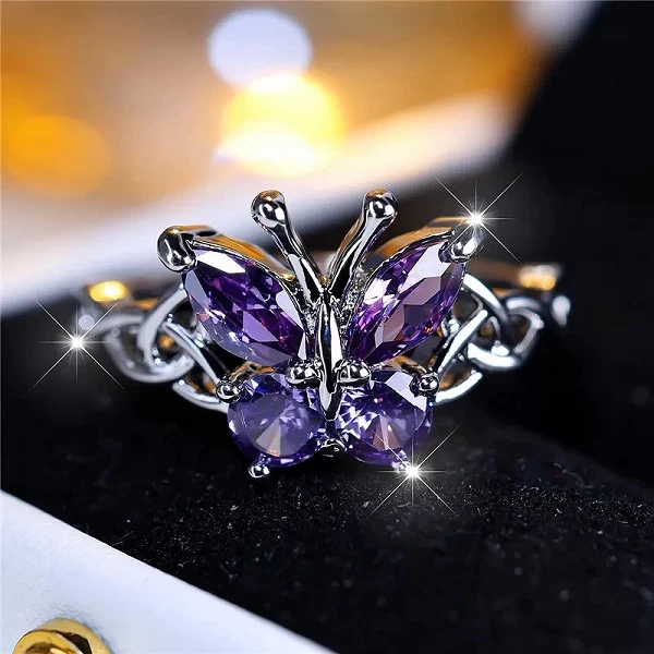 Bague de fiançailles en argent avec papillon violet pour femme, bijoux de mariage d'été, élégant, femme|2,96 €|OKKO MODE