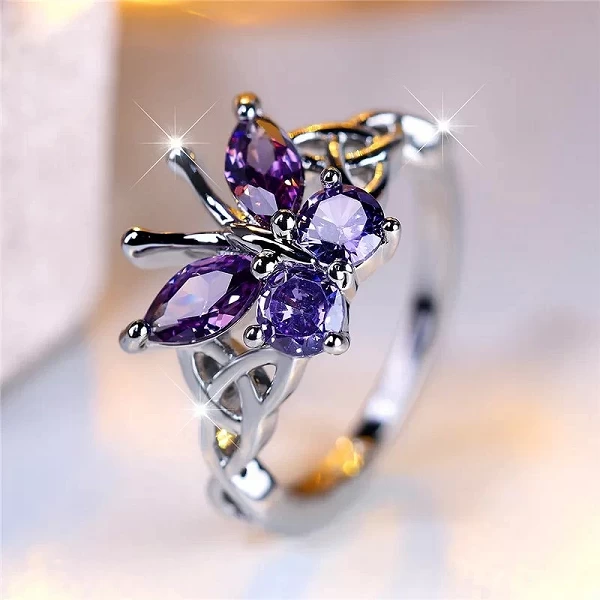 Bague de fiançailles en argent avec papillon violet pour femme, bijoux de mariage d'été, élégant, femme|2,96 €|OKKO MODE