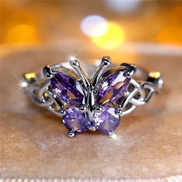 Bague de fiançailles en argent avec papillon violet pour femme, bijoux de mariage d'été, élégant, femme|2,96 €|OKKO MODE