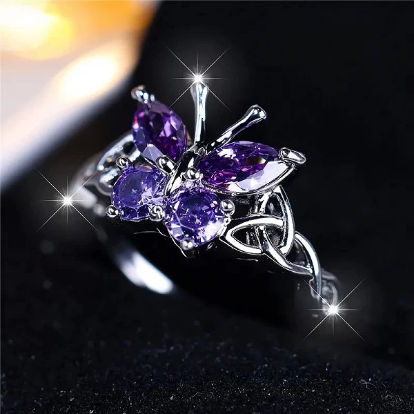 Bague de fiançailles en argent avec papillon violet pour femme, bijoux de mariage d'été, élégant, femme|2,96 €|OKKO MODE