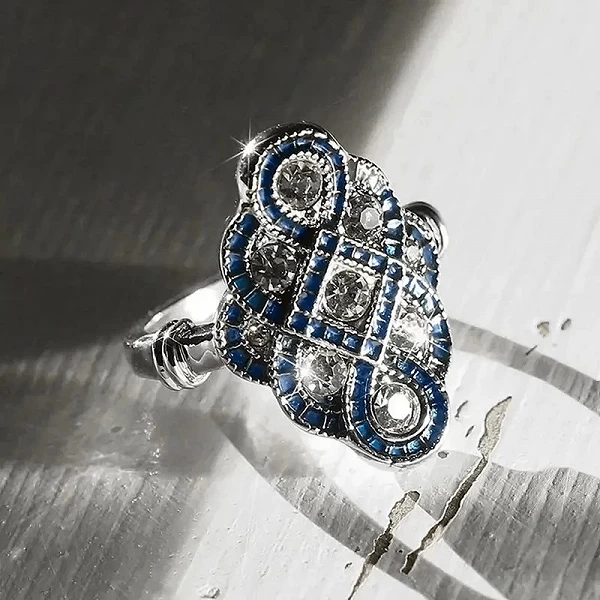 Bague en émail bleu forme vintage pavée CZ blanc, design unique|2,96 €|OKKO MODE