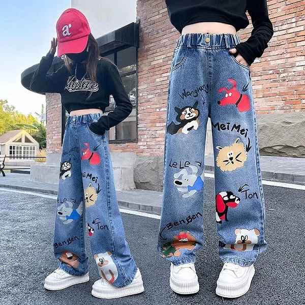 Jean bleu imprime dessin anime ado pantalon denim elastique amincissant Mode printemps