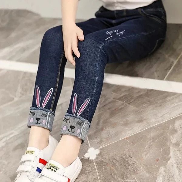 Jeans brodés lapin dessin animé pour filles, pantalons pour enfants, denim coupe couvertes, mode coréenne, vêtements pour enfant|18,89 €|OKKO MODE