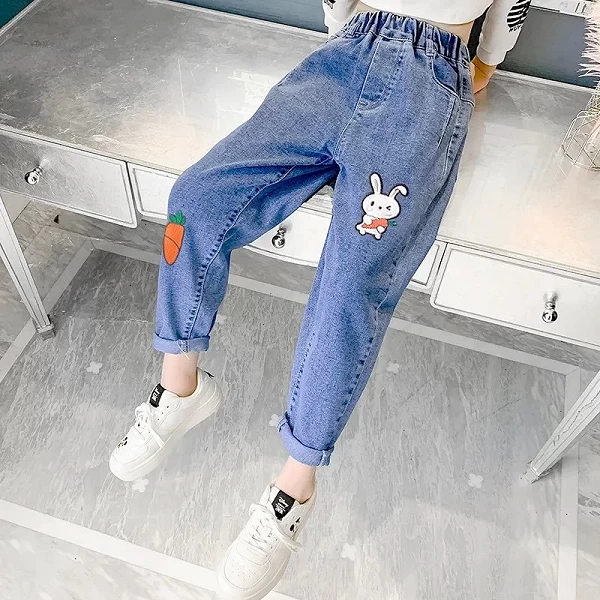 Jeans brodés lapin dessin animé pour filles, pantalons pour enfants, denim coupe couvertes, mode coréenne, vêtements pour enfant|18,89 €|OKKO MODE