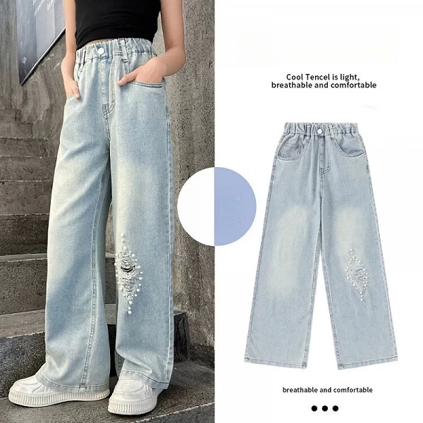 Jean Déchiré à Jambes Larges pour Enfant Fille de 12 Ans, Mode Coréenne, Denim, FjPearl, Vêtements Streetwear|19,95 €|OKKO MODE