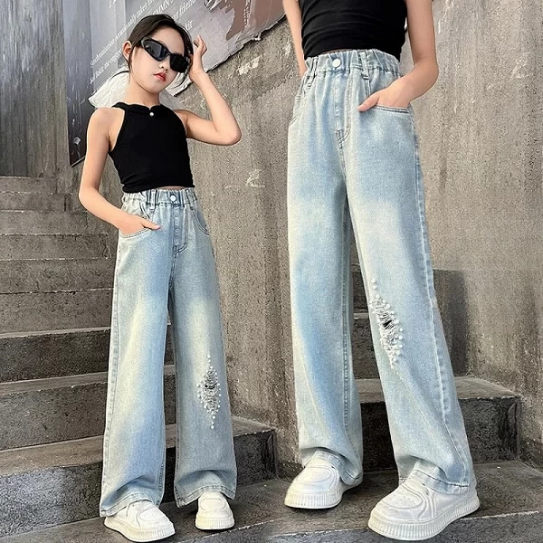 Jean Déchiré à Jambes Larges pour Enfant Fille de 12 Ans, Mode Coréenne, Denim, FjPearl, Vêtements Streetwear|19,95 €|OKKO MODE