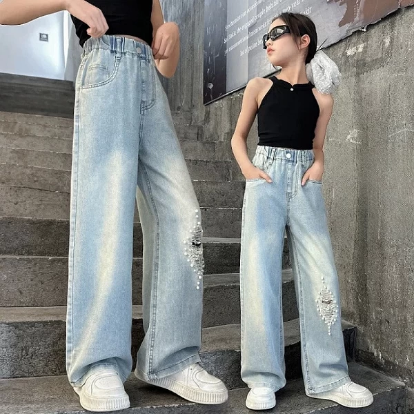 Jean Déchiré à Jambes Larges pour Enfant Fille de 12 Ans, Mode Coréenne, Denim, FjPearl, Vêtements Streetwear|19,95 €|OKKO MODE