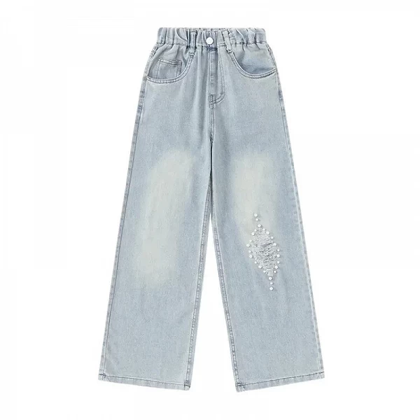 Jean Déchiré à Jambes Larges pour Enfant Fille de 12 Ans, Mode Coréenne, Denim, FjPearl, Vêtements Streetwear|19,95 €|OKKO MODE