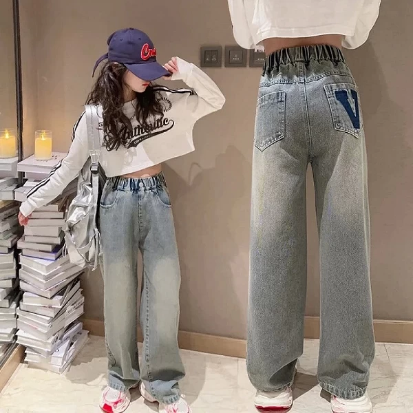 Jean en denim à jambes larges pour filles, pantalon en V, coupe droite, couleur unie, mode décontractée, printemps automne, FJ6-|21,24 €|OKKO MODE