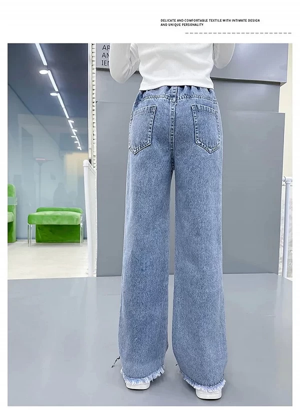 Jeans de style décontracté pour filles, vêtements pour adolescents, pantalons en denim taille haute élastique, jambes larges, pr|14,39 €|OKKO MODE