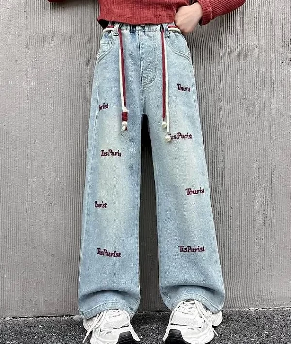 Jeans à jambes larges avec lettres brodées pour enfants, jeans décontractés pour enfants, pantalons à jambes droites pour adoles|13,93 €|OKKO MODE