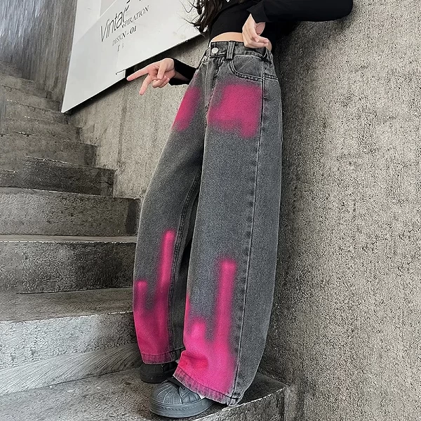 Jeans à jambes larges pour filles, pantalons de sol décontractés pour enfants, pantalons baggy à jambe droite graffiti, mode aut|21,96 €|OKKO MODE