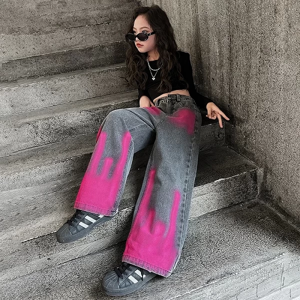 Jeans à jambes larges pour filles, pantalons de sol décontractés pour enfants, pantalons baggy à jambe droite graffiti, mode aut|21,96 €|OKKO MODE