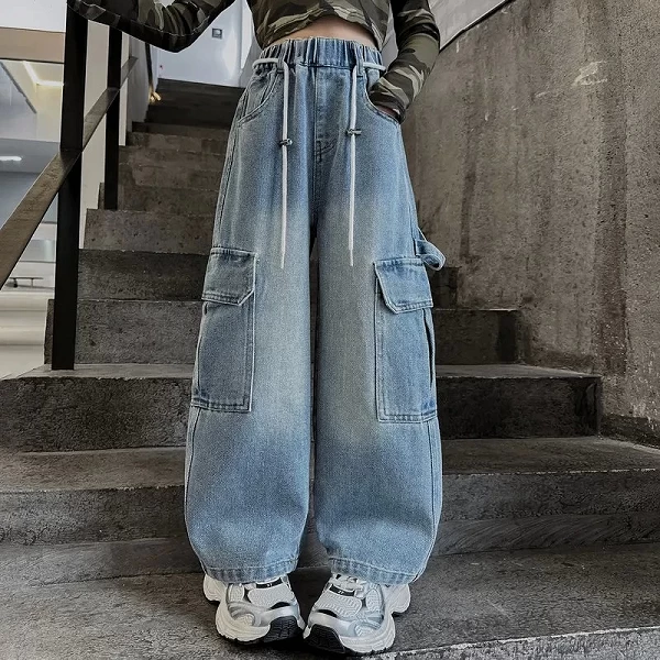 Jeans Cargo Décontractés à Taille artificiel astique pour Fille, viser à Jambes Larges, Design Streetwear, Printemps Automne|23,39 €|OKKO MODE