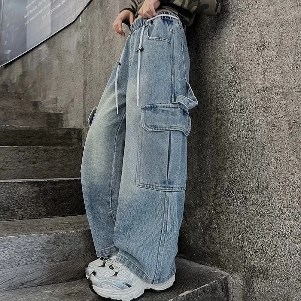 Jeans Cargo Décontractés à Taille artificiel astique pour Fille, viser à Jambes Larges, Design Streetwear, Printemps Automne|23,39 €|OKKO MODE