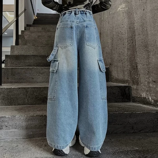 Jeans Cargo Décontractés à Taille artificiel astique pour Fille, viser à Jambes Larges, Design Streetwear, Printemps Automne|23,39 €|OKKO MODE