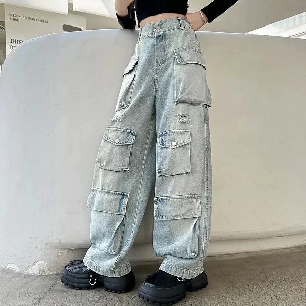 Jean Cargo Multi-Poches pour Jeune Fille, Streetwear Rétro, Mode Taille Haute, Pantalon Décontracté à Jambes Larges|23,55 €|OKKO MODE