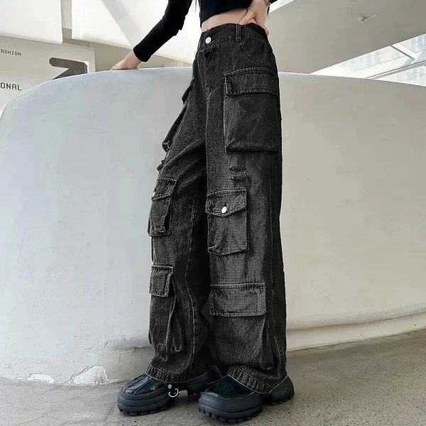 Jean Cargo Multi-Poches pour Jeune Fille, Streetwear Rétro, Mode Taille Haute, Pantalon Décontracté à Jambes Larges|23,55 €|OKKO MODE