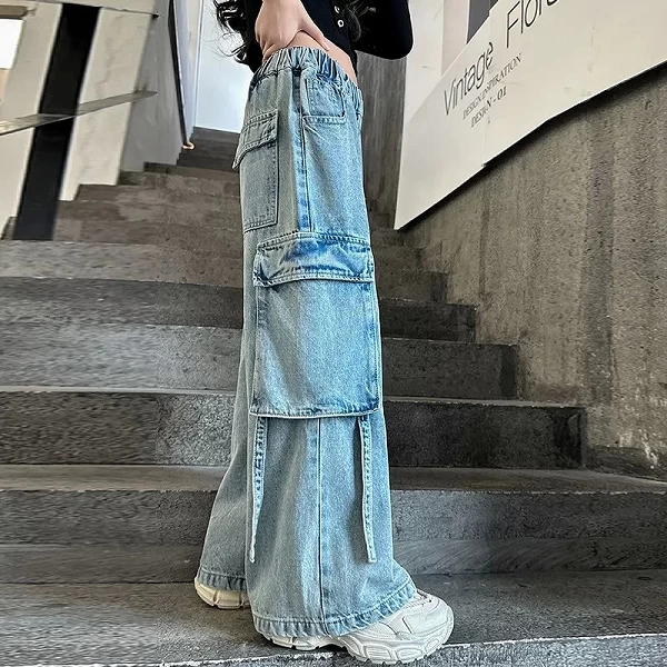 Jeans cargo pour filles, pantalons cargo pour enfants adolescents, design de poche bleue, décontracté, droit, école, mode|20,12 €|OKKO MODE