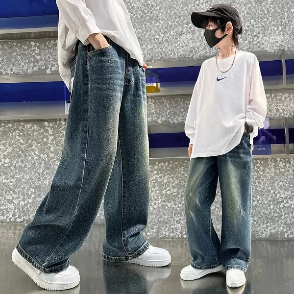 Jeans à jambes larges droites pour garçons, pantalons longs décontractés pour enfants, jeans à la mode, printemps et automne|19,08 €|OKKO MODE