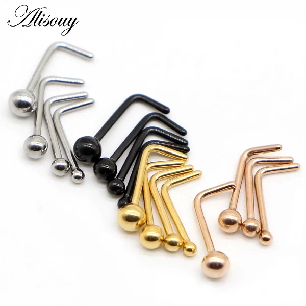 Alisouy 1 pièce clous de nez boule anneaux de nez rond en forme de L couleur or narine en acier inoxydable Piercing de nez bijou|1,79 €|OKKO MODE