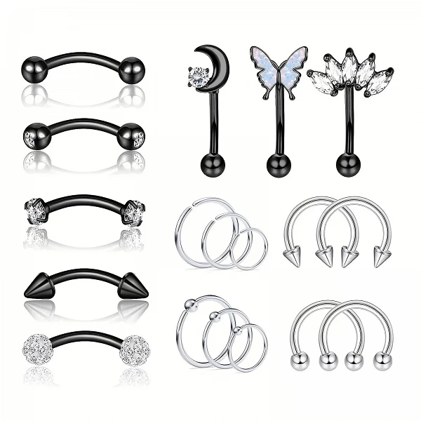 Ensemble de bijoux de piercing pour le corps en acier inoxydable, plaqué or 14 carats, anneaux de cerceau noir, barbell incurvé,|7,03 €|OKKO MODE