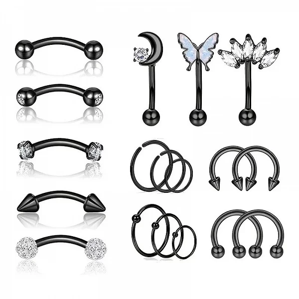 Ensemble de bijoux de piercing pour le corps en acier inoxydable, plaqué or 14 carats, anneaux de cerceau noir, barbell incurvé,|7,03 €|OKKO MODE