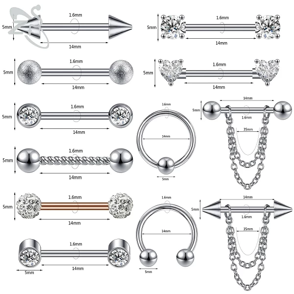 ZS-Bijoux de piercing en acier inoxydable pour hommes et femmes, 2 pièces/lot, 14G|3,59 €|OKKO MODE