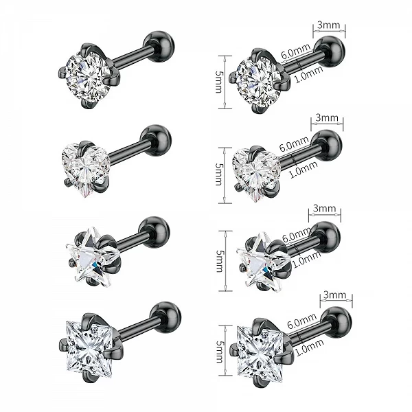 Lot de 4 paires de clous d'oreilles en or, en forme de cœur, étoile, carré, en acier inoxydable, mini boucles d'oreilles, pierci|4,49 €|OKKO MODE