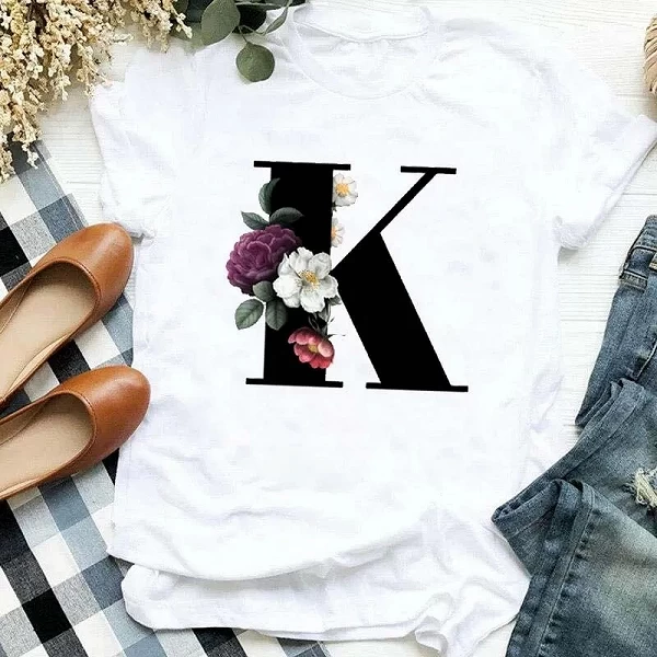 T-shirt manches courtes personnalisé avec lettre nom imprimée et fleurs - Qualité supérieure|7,01 €|OKKO MODE