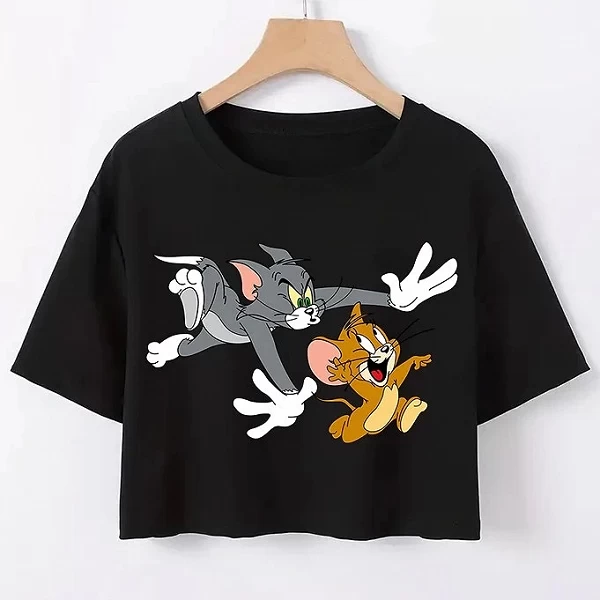 T-shirt Disney en coton respirant pour femme, Bijoux Tom Is Running After caution, Crop Mickey Diamant Initiated Stress - Medium|10,91 €|OKKO MODE