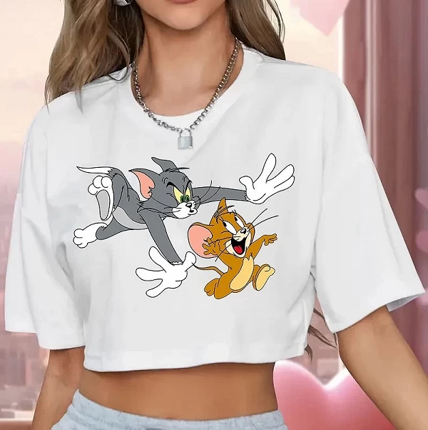 T-shirt Disney en coton respirant pour femme, Bijoux Tom Is Running After caution, Crop Mickey Diamant Initiated Stress - Medium|10,91 €|OKKO MODE