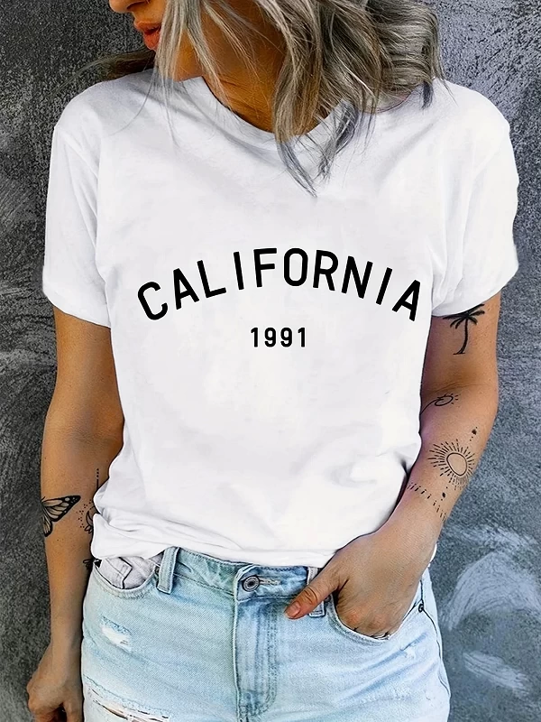 T-shirt imprimé californien, haut décontracté d'été à manches courtes, vêtements pour femmes|7,94 €|OKKO MODE