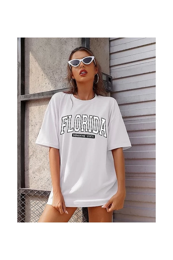 T-shirt manches courtes femme, estival et décontracté, en coton, avec impression de rue de la ville de Floride, de haute qualité|7,00 €|OKKO MODE