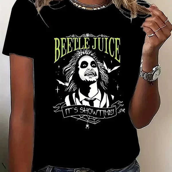 Beetle Juice-T-shirt à col rond en coton pour femme, noir, grande taille, décontracté, avec motif imprimé|7,94 €|OKKO MODE