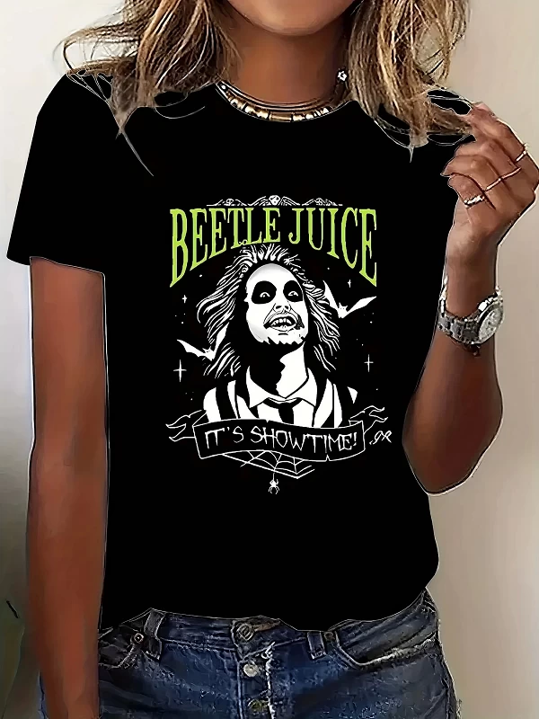 Beetle Juice-T-shirt à col rond en coton pour femme, noir, grande taille, décontracté, avec motif imprimé|7,94 €|OKKO MODE