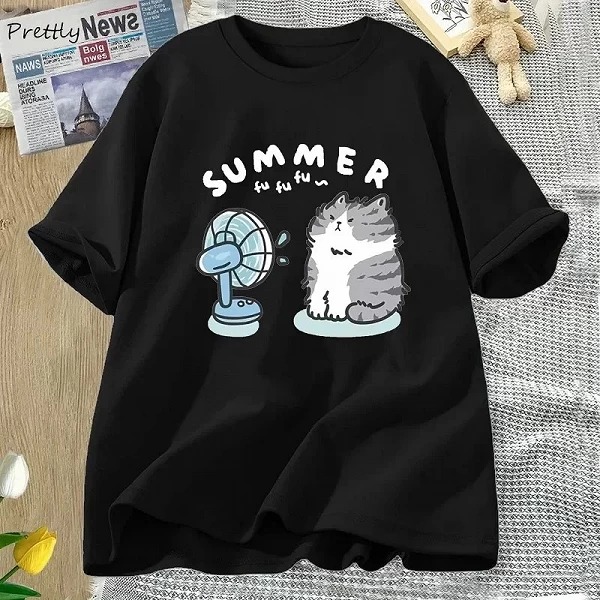 T-shirt en coton à manches courtes pour femmes, motif de chat drôle et d'éventail, haut Harajuku, vêtements de rue, été|7,94 €|OKKO MODE