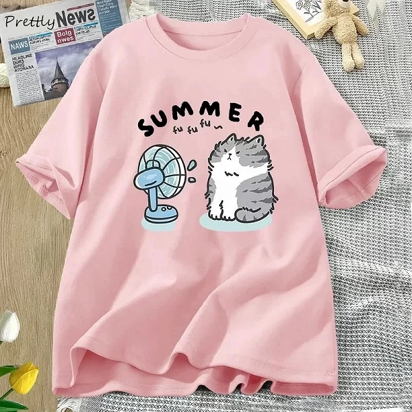 T-shirt en coton à manches courtes pour femmes, motif de chat drôle et d'éventail, haut Harajuku, vêtements de rue, été|7,94 €|OKKO MODE