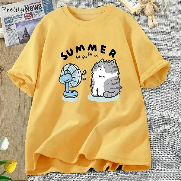 T-shirt en coton à manches courtes pour femmes, motif de chat drôle et d'éventail, haut Harajuku, vêtements de rue, été|7,94 €|OKKO MODE